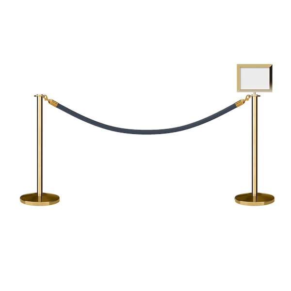 Montour Line Stanchion Post & Rope Kit Pol.Brass, 2FlatTop 1Gray Rope 8.5x11H Sign 2PBFLTAP8511HPVRGYPB - main